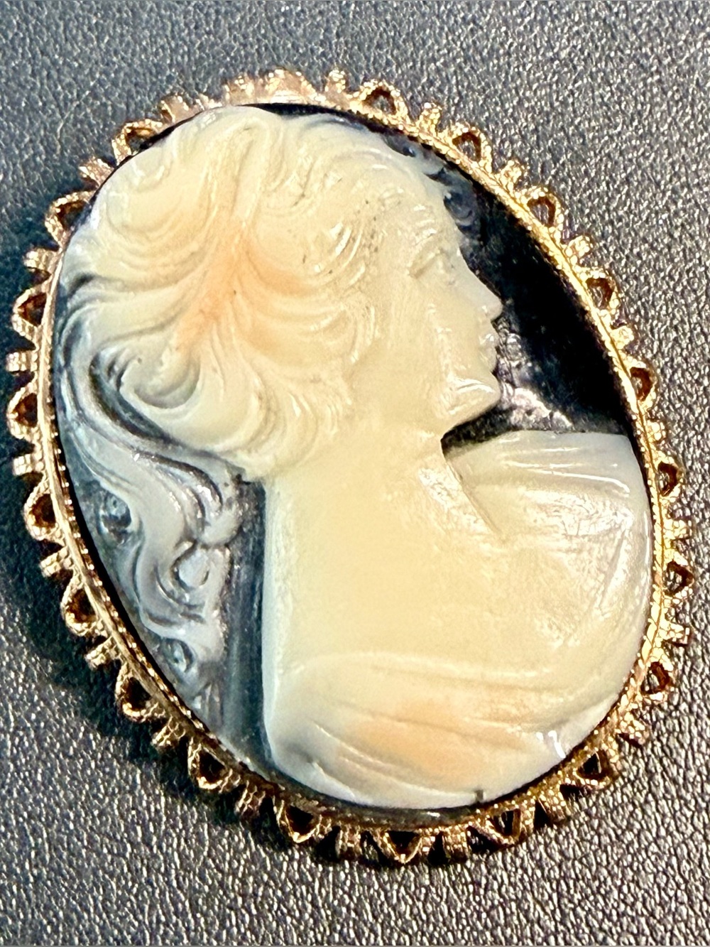 Vintage Cameo Pendant Necklace - Ivory on Black with Gold Frame